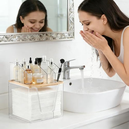 SPOSPO 2 in 1 Disposable Facial Towel Holder and Cosmetic Organizer | Clear Storage with Bamboo Lid Compatible with Clean Skin Club Towel XL, Vanity Organizer for Bathroom Vanity Counter (1 Pack)