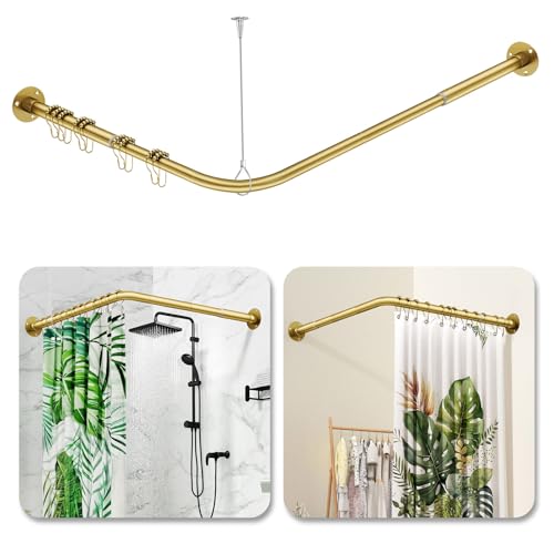 L Shaped Shower Curtain Rod - [39''-69''] x [55''-85''] Adjustable Corner Shower Rod, 90 Degree Shower Rod Bar for Bathroom Bathtub, Clothing Store with 12 Ring Hooks Ceiling Support Gold - color: Gold