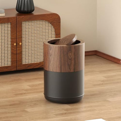 3.1 GAL Modern Metal Trash Can with Realistic Wood Texture,Built-in Bag Holder,Flip Lid,Small Bathroom Garbage Can for Bathroom,Home,Office,Living Room (3.1gal Swing lid) - color: 3.1gal swing lid