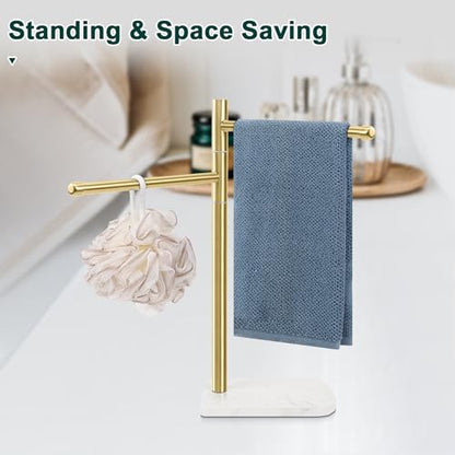 Hand Towel Holder, F-Shape Hand Towel Stand with Marble Base, Stainless Steel Swivel Hand Towel Rack Bar Standing for Bathroom Kitchen Countertop, 2 Arms (Gold) - color: Gold