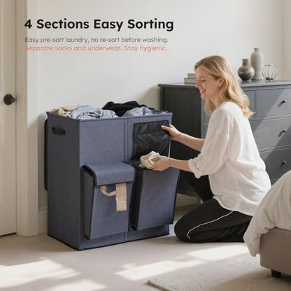 SOLEDI 180L Double Laundry Hamper with Lid and 2 Side Pockets, Dual Hamper | 2 Section Laundry Basket, Removable & Washable Laundry Bags, 180L Large Capacity, for Bedroom, Bathroom, Laundry Room, Dorm - color: Navy Blue