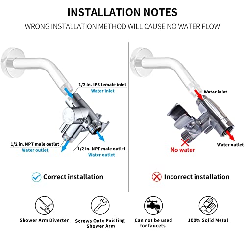 G-Promise Solid Metal Shower Head Diverter with Holder 3-Way | Spray Separately or Both, Adjustable-Angle Bracket, Anti-Leak, Smooth Knob Switch, Easy Install, Universal Replacement Part - color: Polished Chrome