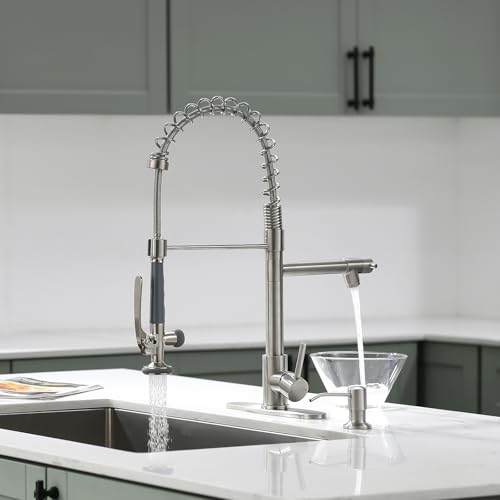 Fapully 4 Hole Kitchen Sink Faucet with Soap Dispenser Brushed Nickel | Commercial Grade High Pressure Kitchen Faucets,SuS Stainless Steel, Single Handle Design, High Arc, 360° Swivel - color: Brushed Nickel, style: Contemporary