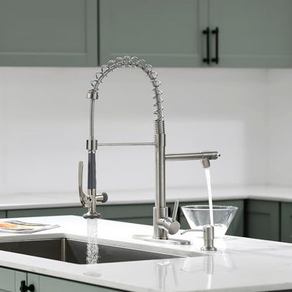 Fapully 4 Hole Kitchen Sink Faucet with Soap Dispenser Brushed Nickel | Commercial Grade High Pressure Kitchen Faucets,SuS Stainless Steel, Single Handle Design, High Arc, 360° Swivel - color: Brushed Nickel, style: Contemporary