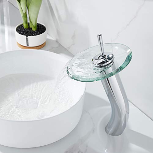 Waterfall Bathroom Faucet Glass Single Handle Solid Brass Basin Lavatory Vessel Sink Vanity Faucet, Tall, Polished Chrome … - color: Polished Chrome