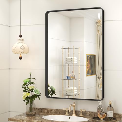 CHAMROR 20x30 Inch Black Metal Framed Bathrrom Mirror for Wall | Rounded Rectangle, Matte Black Bathroom Vanity Mirror, Anti-Rust, Tempered Glass, Hangs Horizontally or Vertically - color: Black, size: 30"L x 20"W