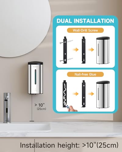 AIKE Automatic Liquid Soap Dispenser,25oz Capacity for Bathroom,Polished | No-Drill and Screw Wall Mount Install Design for Space-Saving,4*AA batteries(Not Included) Ensure Long Standby,Model AK1205E - color: Polished Stainless Steel