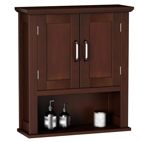 ChooChoo Wood Bathroom Wall Cabinet with Door, Dark Cherry Medicine Cabinet | Rustic Over The Toilet Storage Cabinet, Adjustable Shelf, Open & Concealed Storage, 7.5 x 21.6 x 24 Inches - color: Dark Cherry