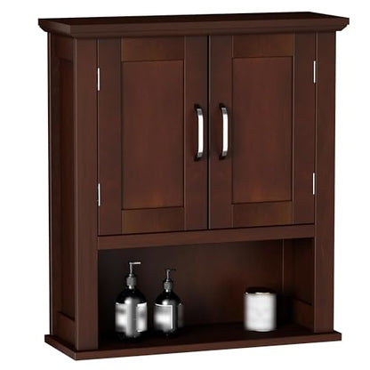 ChooChoo Wood Bathroom Wall Cabinet with Door, Dark Cherry Medicine Cabinet | Rustic Over The Toilet Storage Cabinet, Adjustable Shelf, Open & Concealed Storage, 7.5 x 21.6 x 24 Inches - color: Dark Cherry
