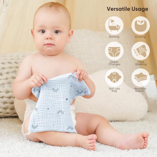Bearmoss 12 Pack Baby Muslin Washcloths, 100% Cotton 10"x10" Face Towels | Soft Absorbent Bath Wash Cloths and Burp Cloths for Newborn Infants Kids Girls & Boys (Blue Gray) - color: Blue
