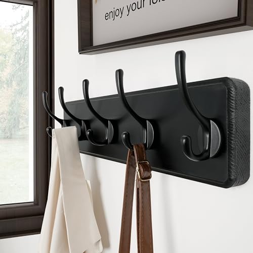 SKOLOO Rustic Wall Mounted Coat Rack, Case of 2, Pine Solid Wood Coat Hook Hanger - 5 Hooks for Hanging Clothes Robes Towels Coats - color: Black Plate & Black Hook, size: 2 Item-5 Hooks