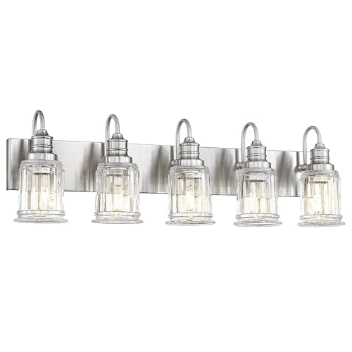 Bathroom Light Fixtures, HWH 5-Light Vanity Light, Modern Brushed Nickel Wall Lighting Over Mirror, Bell-Shaped Striped Glass, 5HZG106B-5W BN - color: Brushed Nickel, size: 5-Light