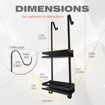 Over Door Shower Caddy 2-Tier, Rustproof Hanging Organizer with Hooks | Rustproof carbon steel, 2-tier + hooks, non-slip grips, no drilling, not for sliding doors