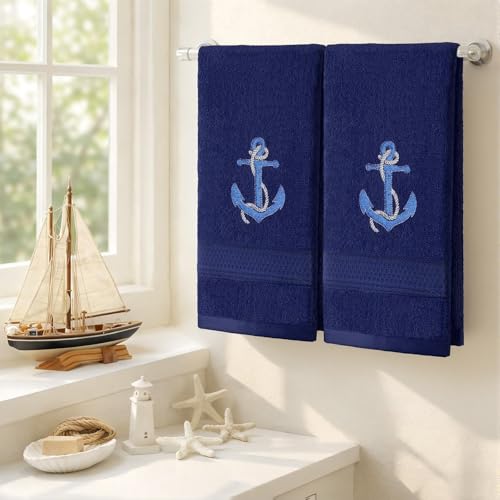 SmoothNovelty 2 Pcs Nautical Anchor Hand Towels Navy Blue Bathroom Decor 14x29 Inch Embroidered 100% Cotton Soft Absorbent Spring Summer Decorative Hand Towels for Bathroom Kitchen - style: Nautical Anchor