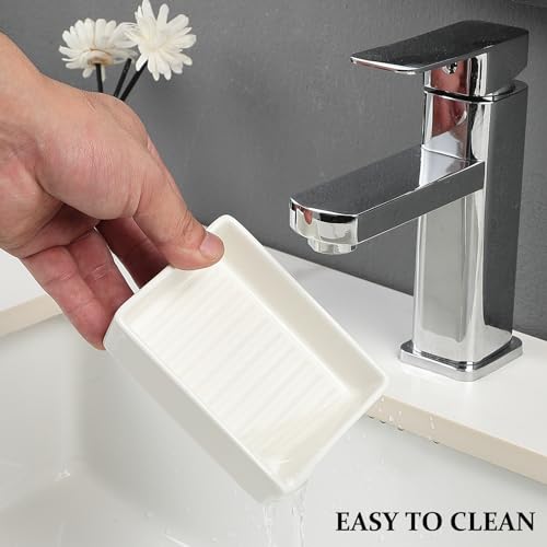 White Rectangle Soap Dish - Modern Ceramic Hand Soap Holder Non-Slip Bar Soap Holder Soap Tray for Bathroom, Kitchen Sink, Shower, Countertop, Easy to Clean - color: White
