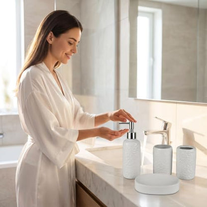 4 Piece White Ceramic Bathroom Accessories Set, 3D Embossed Floral Bath Decor Set with Soap Dispenser, Toothbrush Holder, Tumbler and Soap Dish, Elegant Countertop Organizer for Bathroom
