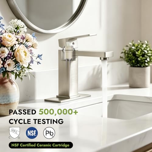 Heyalan Bathroom Sink Faucet, Single Handle Vanity Faucet, Brushed Nickel | SUS304 stainless steel, hot and cold supply hoses, 1- or 3-hole installation, 6-inch deck plate and pop-up drain - color: Brushed Nickel