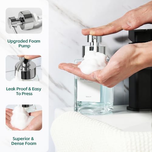 Foaming Soap Dispenser, 12oz/350ml Glass Hand Soap Dispenser Set, Refillable Foam Dispenser with Foaming Pump, Labels, Square Hand Dispenser for Bathroom, Kitchen 2 Pack - color: Clear Bottle + Silver Pump