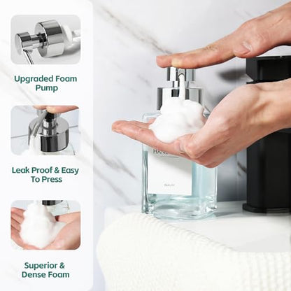 Foaming Soap Dispenser, 12oz/350ml Glass Hand Soap Dispenser Set, Refillable Foam Dispenser with Foaming Pump, Labels, Square Hand Dispenser for Bathroom, Kitchen 2 Pack - color: Clear Bottle + Silver Pump