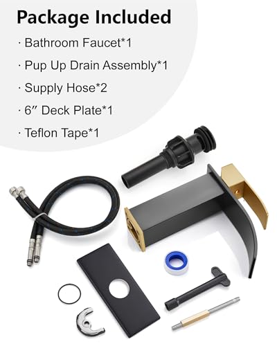 Midanya Waterfall Bathroom Faucet 1 Hole,Brushed Gold Handle/Matte Black | with 24” Hoses,Pop Up Drain,6” Deck Plate,for 1 or 3 Hole Vanity,Lavatory,RV,Single Handle Bathroom Sink Faucet,NSF Certified - color: Gold Handle/Black