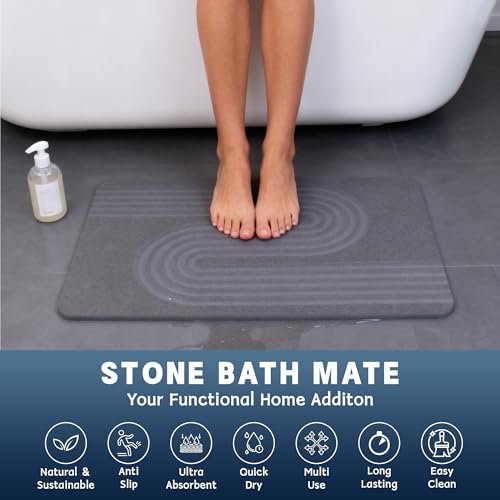 Stone Bath Mat,Diatomaceous Earth Shower Mat,Fast-Drying Stone Bathroom Floor Mat,Absorbent Non-Slip Diatomite Mats for Bathtub,Grey Wave Line - color: Grey Wave Line-24*16-1 Pack