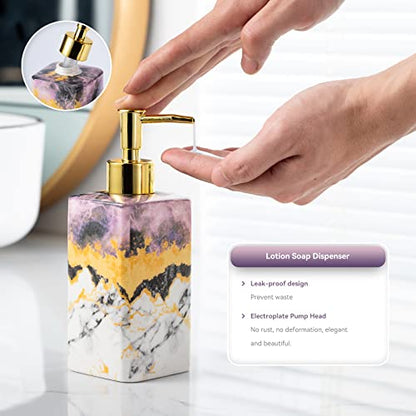 4 Piece Bathroom Accessories Set - Purple Bathroom Accessory Sets Includes Lotion Dispenser, Toothbrush Holder Tumbler, and Soap Dish - Glossy Finish (Marble, Purple) - color: Purple