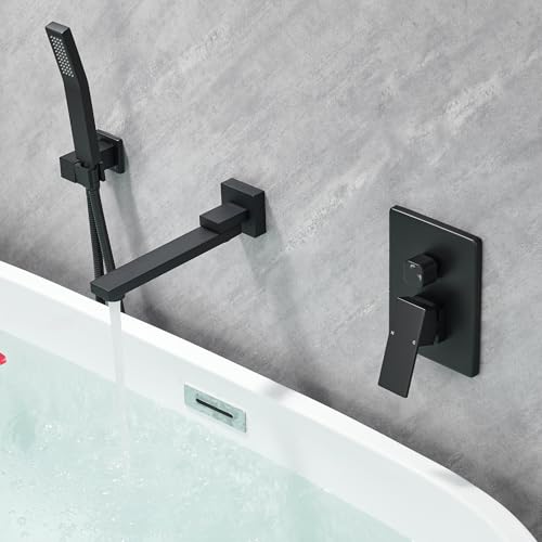 DASAN Swiveling Wall Mount Tub Filler Faucet Set with Hand Held Shower, Matte Black Modern Creative Bathtub Faucet Wall Mounted Bath Tub Faucet with High Flow Rough in Valve, SA-TF05WH-MB - color: Matte Black