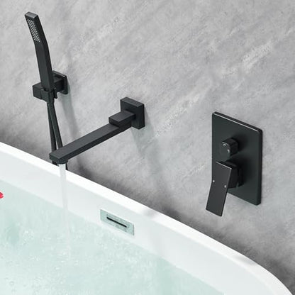 DASAN Swiveling Wall Mount Tub Filler Faucet Set with Hand Held Shower, Matte Black Modern Creative Bathtub Faucet Wall Mounted Bath Tub Faucet with High Flow Rough in Valve, SA-TF05WH-MB - color: Matte Black