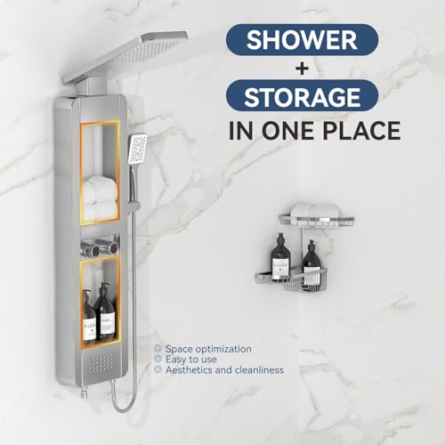 ELLO&ALLO Shower Panel Tower System with Shelf, Rainfall Shower Head and Rain Massage System with Body Jets, Stainless Steel Bathroom Fixtures, Brushed Nickel&Chrome