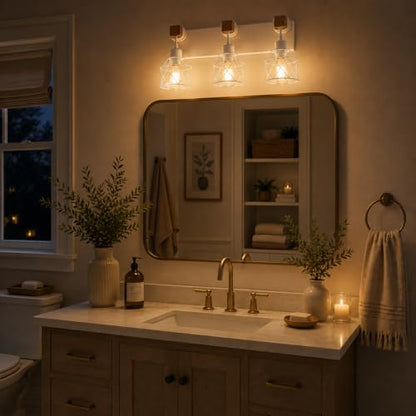 Farmhouse Vanity Light Fixture,3-Light Bathroom Lighting,White Modern Wood Wall Light Over Mirror with Metal Shade,Bulbs NOT Included - color: White, size: 3-Light-Wide 18"