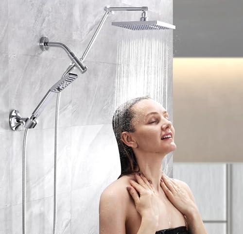 BRIGHT SHOWERS High Pressure Rain Shower Head Combo with Double Extension Arm, 8 Inch Rainfall Shower Head with Handheld Spray, Height Adjustable Dual Square Showerhead Set, Chrome - color: Chrome, style: Dual Shower Head with Extension Arm
