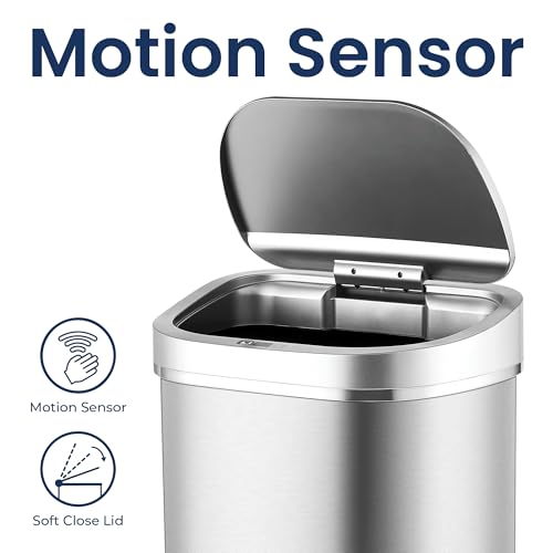 Ninestars DZT-80-35 Deluxe Automatic Touchless Infrared Motion Sensor Trash Can, 21 Gal 80L, Heavy Duty Stainless Steel Base (Oval, Silver/Brush Lid) Trashcan, Ss
