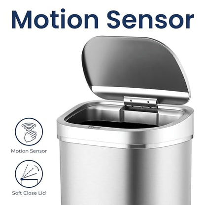 Ninestars DZT-80-35 Deluxe Automatic Touchless Infrared Motion Sensor Trash Can, 21 Gal 80L, Heavy Duty Stainless Steel Base (Oval, Silver/Brush Lid) Trashcan, Ss