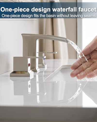 Waterfall Bathroom Faucet 3 Hole, Brushed Nickel 8 Inch 2 Handles | Lead-Free Brass, Widespread Style, Pop Up Drain, Pre-installed cUPC Water Hose, For Vanity Lavatory Modern, 10-Min Install - color: Brushed Nickel