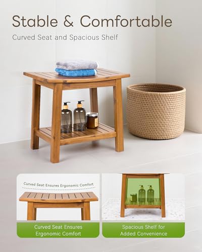 Upolana Outdoor Shower Bench, 20" Solid Acacia Wood Shower Stool Waterproof Shower Seat with Storage Shelf for Bathroom - SB001V