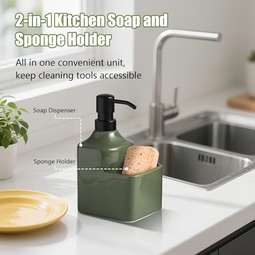 Gets Soap Dispenser Green Ceramic Pump Bottle with Storage Holder | Countertop Liquid Hand Wash Bottle with Organizer Tray for Bathroom, Kitchen, Refillable Modern Dispenser for Vanity Sink - size: Green With Sponge Holder