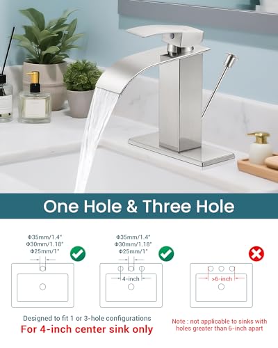 Brushed Nickel Waterfall Bathroom Faucet Single Handle with Lift Rod Drain | Bathroom Sink Faucet,Stainless Steel,supply hoses Deck included,1 or 3 Hole,Fits home,RV,farmhouse bathrooms - color: A-Brushed Nickel, style: with Lift Rod Drain