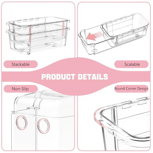 16 PCS Extendable Drawer Organizer Set Clear Stackable Vanity Storage Bins | 2-Size BPA-Free Acrylic Trays, Non-Slip Stackable Boxes for Makeup Cosmetics Office Desk Utensils Bathroom Dresser Countertop