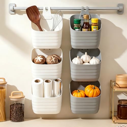 Noamus 6 Pack Plastic Hanging Basket for Kitchen, Over Cabinet Door Organizer with Removable Hook, Stackable Wall Mounted Storage Shower Caddy, No Drilling Shelf Bins for Food Bathroom Pantry Closet - color: Grey, White