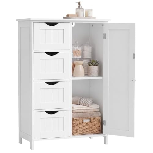 SONGMICS Home Floor Storage Cabinet, Freestanding Storage Cabinet for Bathroom, Kitchen, Living Room, 4 Drawers and Adjustable Shelf, White - color: White, style: 4 Drawers