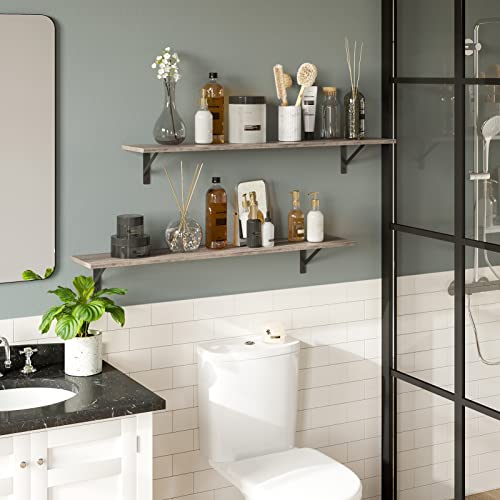 Long Wall Shelves, 39.4 Inch Wall Mounted Shelves with Brackets | Floating Book Shelf, Set of 2, Easy Assembly, Max Load 33lbs, Wood Wall Storage Ledges, Living Room/Bathroom/Bedroom, Greige - color: Greige, size: 39.4 Inch