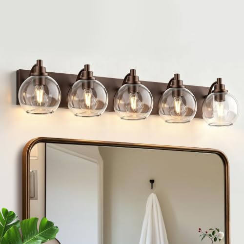 IZORRO Bathroom Light Fixtures, 5-Light Oil Rubbed Bronze Vanity Light, Modern Wall Sconces with Globe Clear Glass Shade, Vanity Lighting Fixtures Over Mirror,E26 Bulb Socket - color: Oil-Rubbed Bronze, size: 5-Light