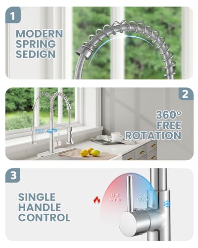 Kitchen Faucet Set, Commercial Kitchen Sink Faucets with Pull Down Sprayer and Soap Dispenser, Stainless Steel Faucets for Kitchen Sinks, Single Handle Spring Faucet with Deck Plate - color: B-Brushed Nickel, style: Contemporary
