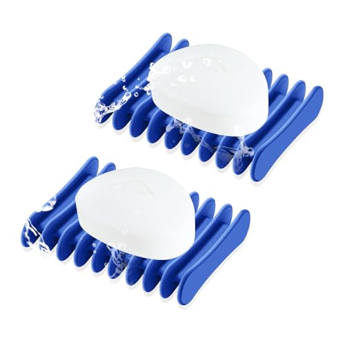 2 Pcs Self Draining Silicone Soap Holder - Waterfall Design Soap Dishes for Bathroom, Keeps Soap Bars Dry & Clean (Blue) - color: Blue