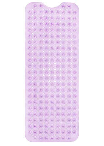 ENKOSI Non-Slip Bath & Shower Mat 40x16 Extra Long, Suction & Drain Holes | Clear Purple look; Durable PVC; 40x16 in, Clear Purple - color: Clear Purple