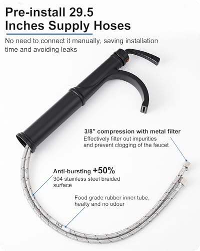 Waterfall Vessel Faucet, Tall Bathroom Faucet Black, Brass Vessel Sink Faucets Bathroom Sink Faucet One Hole Single Handle with Supply Hoses Pop-up Drain - color: Matte Black
