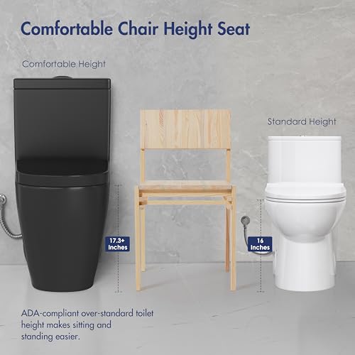 One Piece Toilet Elongated Dual Flush, 17.3" ADA Seat, Matte Black | ADA Compliant 17.3" chair height with soft close seat, Dual flush 1.1/1.6 GPF Elongated toilet bowl 12" rough-in, Matte Black - color: Matte Black 365Model