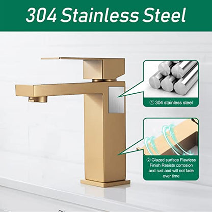 VOTON Brushed Gold Bathroom Faucet, Modern Bathroom Faucet 1 Hole, Single Handle Bathroom Sink Faucet Brushed Gold with Deck Plate & Water Supply Hoses - color: B-Brushed Gold, style: Without Drain