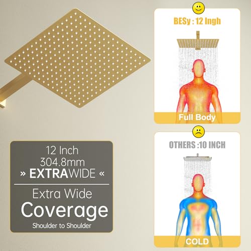 12 In Rain Shower Head High Pressure Rainfall Shower Head Brushed Gold | Square Rain Bathroom Showerhead, High Flow, Large Stainless Steel, Ceiling Mounted, Wall Mounted, Waterfall Full Body - color: Brushed Gold, size: 12 Inch