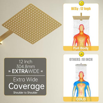 12 In Rain Shower Head High Pressure Rainfall Shower Head Brushed Gold | Square Rain Bathroom Showerhead, High Flow, Large Stainless Steel, Ceiling Mounted, Wall Mounted, Waterfall Full Body - color: Brushed Gold, size: 12 Inch